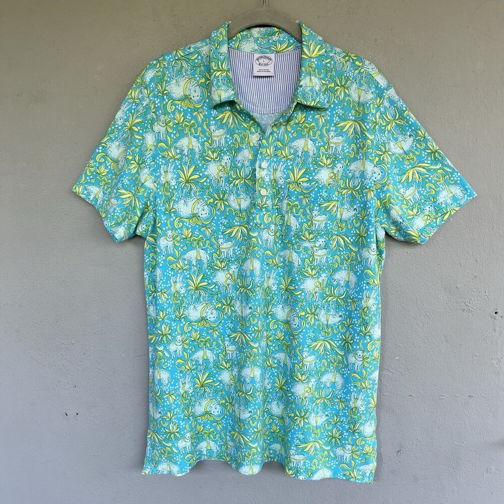 Brooks Brothers Polo Shirt Mens L Lamb Animal Allover Print Cotton Nature Golf